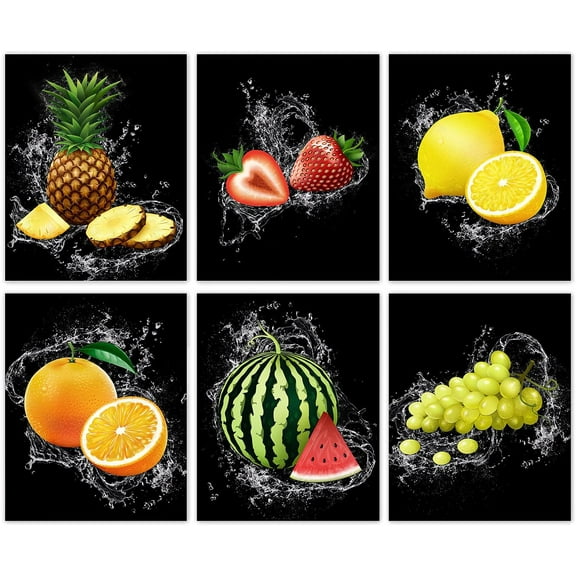 Fruit Wall Art Kitchen Wall Decor, Strawberries Lemon Orange Pineapple Watermelon Grape Canvas Art Prints, Fruit Posters for Dining Room Bar Kitchen Home Decor, Set of 6 (8"X10" Unframed)