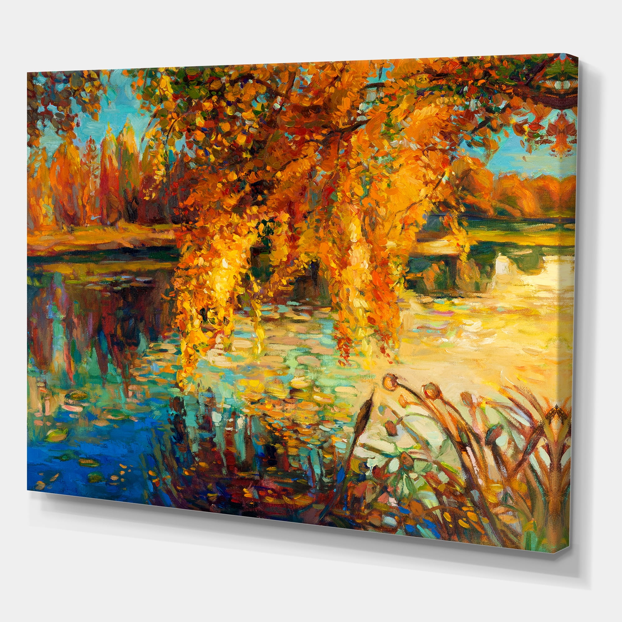 Designart ' Orange Autumn Forest Reflects On River ' Lake House Canvas Wall Art Print
