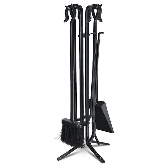 Costway Set de 5 accesorios para chimenea, porta accesorios para chimenea en hierro forjado,set compacto de herramientas para chimenea con atizador pinzas pala escoba y base