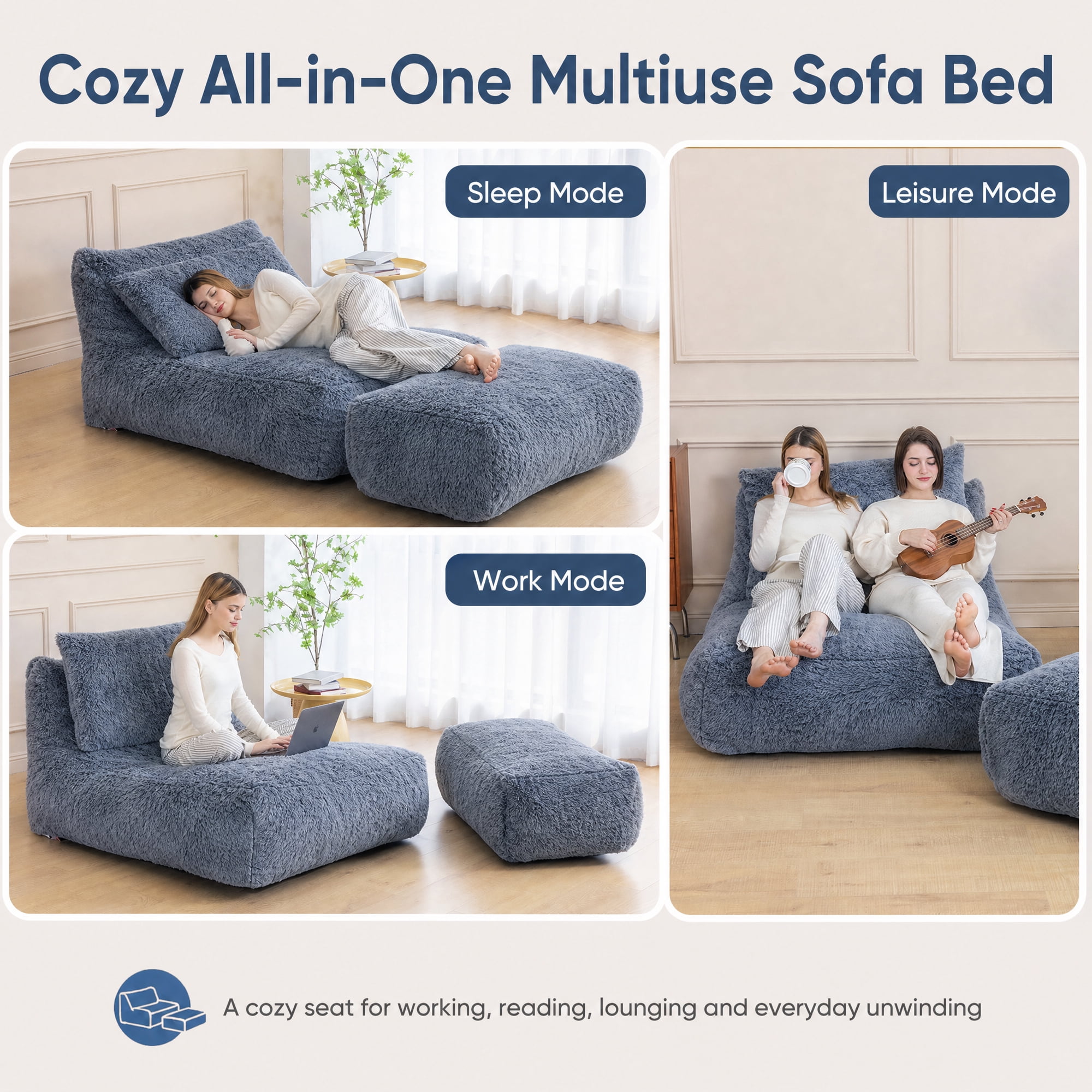 Alvantor Convertible Plush Sofa Bed with Ottoman and Pillow, Oversized Shaggy Faux Fur Floor Sofa, Foam Filled Armless Sleeper for Living Room, Bedroom, Dorm