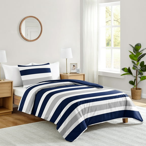 Sweet Jojo Designs Stripe Navy and Gray Twin Bed Comforter Bedding Set