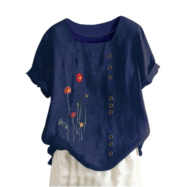 KIHOUT Nouveaux Hauts de Mode d'Été pour Femmes 2024, Chemise Ample à Manches Courtes Décontractée d'Été pour Dames avec Imprimé Floral Bleu Foncé TG