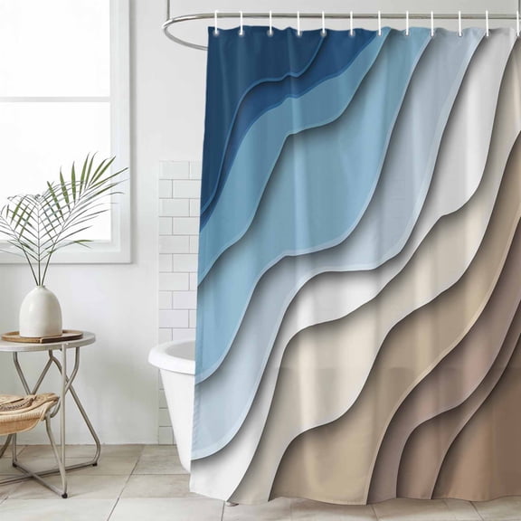 Navy Blue Brown Ombre Waterproof Shower Curtain, Stall 36"x72" Washable Polyester Fabric Shower Curtains for Bathroom, Modern Geometric Abstract Cream Decorative Bathtub Curtain Sets with Hooks