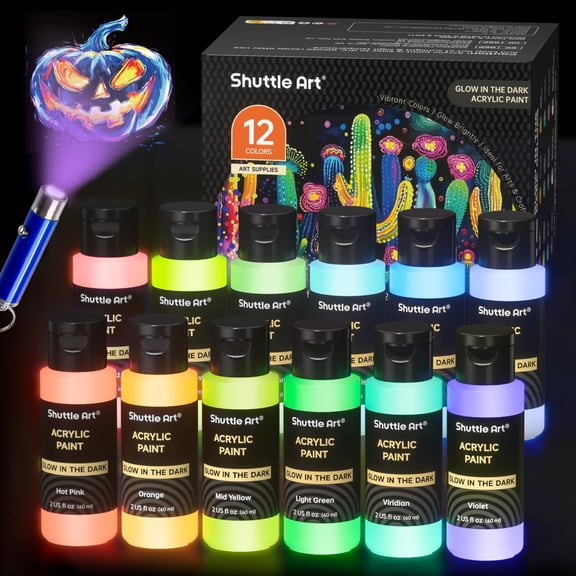 Shuttle Art Glow in the Dark Paint, 12 Colors with UV Light, 2oz/60ml Bottles, Ideal for Art Painting and Crafts, Great on Rocks, Wood, Canvas, Fabric, Halloween Decorations
