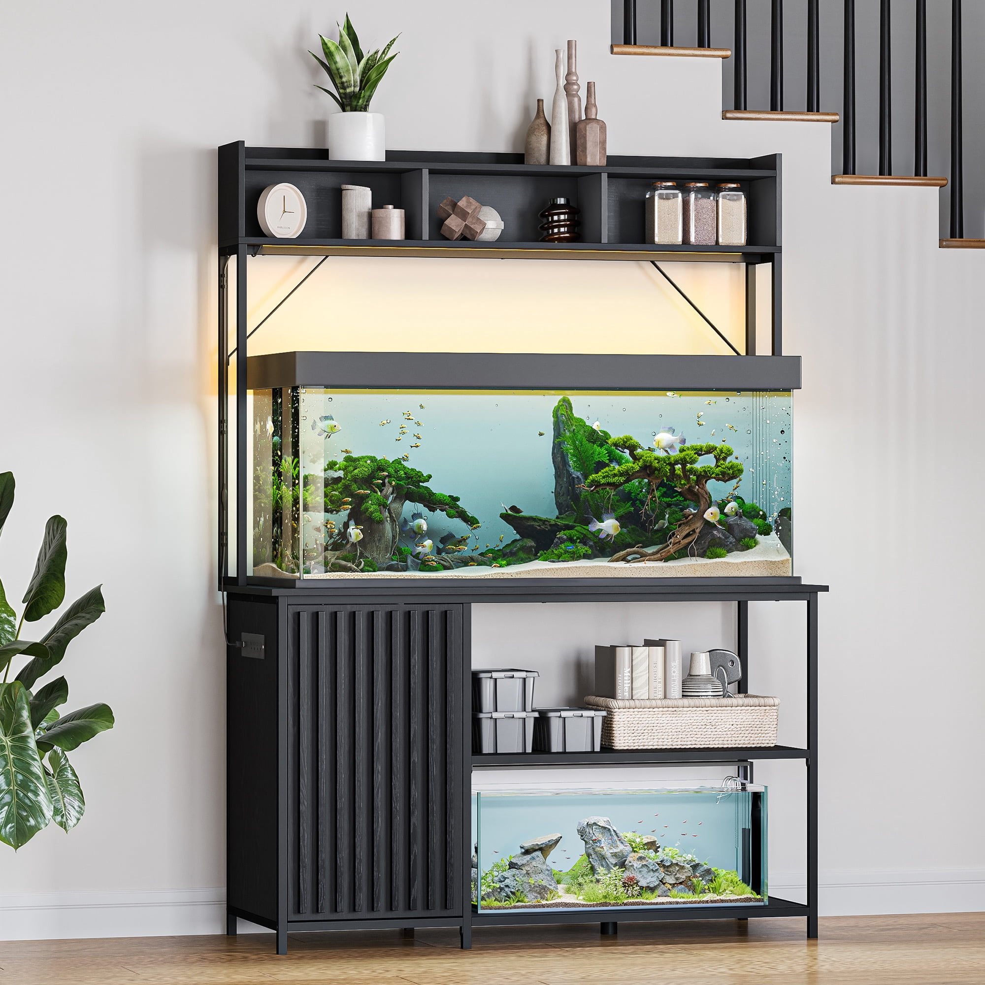 Belleze 55 to 90 Gallon Aquarium Stand with LED Lights Fluted Cabinet For Fish Tank Accessories Storage Black Ebony | 014-HG-44701-BK