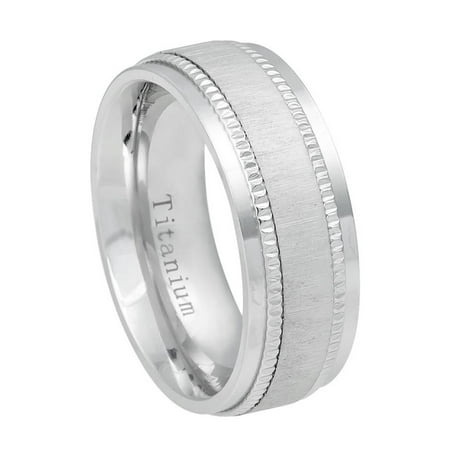 - 8MM Comfort Fit Titanium Wedding Band White Satin Finish Center Milgrain Step Edge Ring (Size 6 to 13)