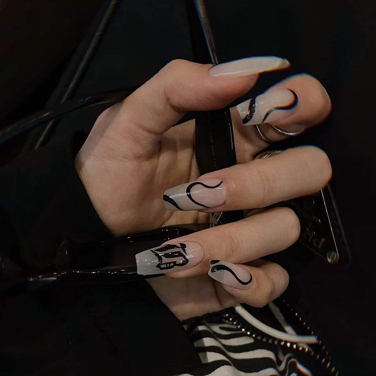 Coffin Press on Nails Long White Fake Nails Black Lines False Nails with Designs Ballerina Acrylic Glue on Nails for Women and Girls Coffin Press on Nails Long White Fake Nails Black Lines False Nails with Designs Ballerina Acrylic Glue on Nails for Women and Girls
