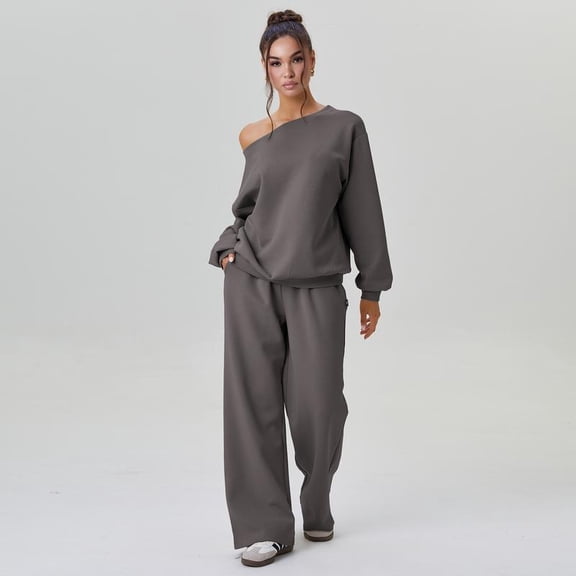 Women’s Off-the-Shoulder Long Sleeve Top & Wide-Leg Pants Set – Casual Loose 2-Piece Outfit