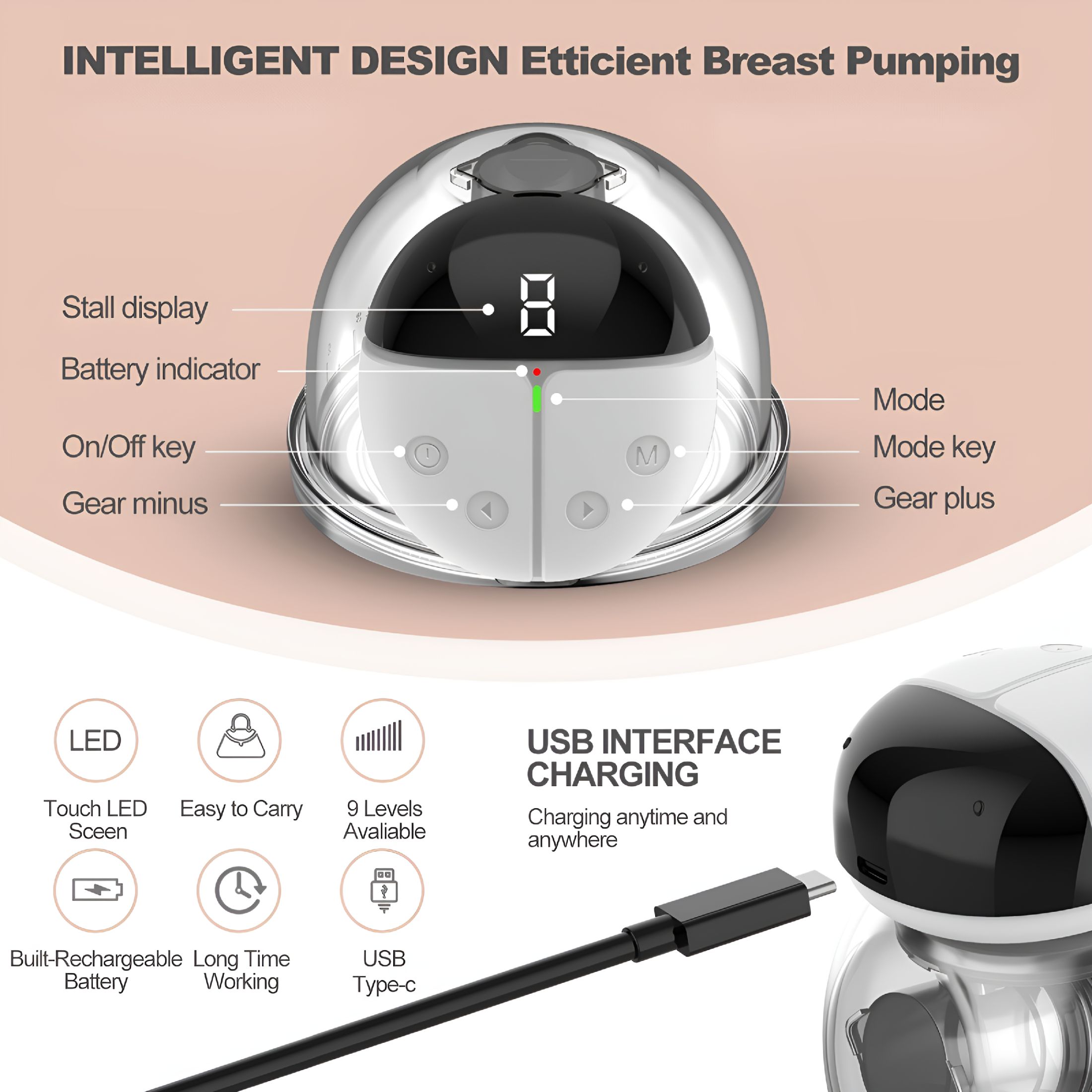 XIRQI Wireless Hands-Free Portable Electric Breast Pump with Rechargeable Battery Convenient LCD Display Comfortable Wearable Double Modes for Women’s Breastfeeding