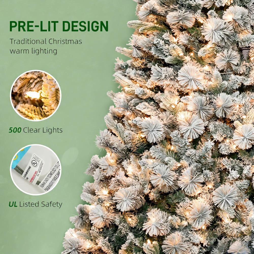 7.5ft Prelit Snow Flocked Christmas Tree with 500 Clear Lights 1530 Tips Auto-Open Branches Indoor Decor
