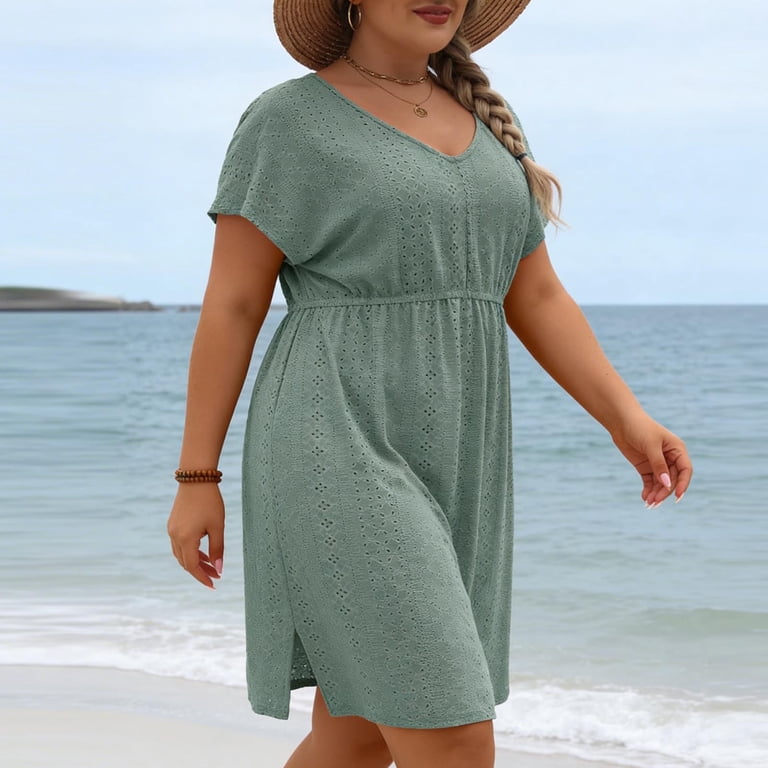 ladies lounging dresses Asdoklhq Lounge Dresses for Ladies Long Dress Plus Size Summer Dress for Women Eyelet Embroidery V Neck Short Sleeve Mini Dress Elastic Waist Hollow