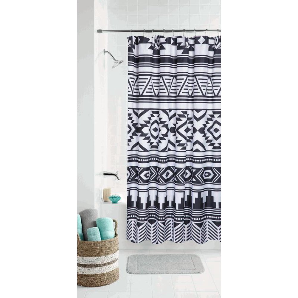 Black/White Tribal Fabric Shower Curtain, Polyester, 70 x 72, Mainstays