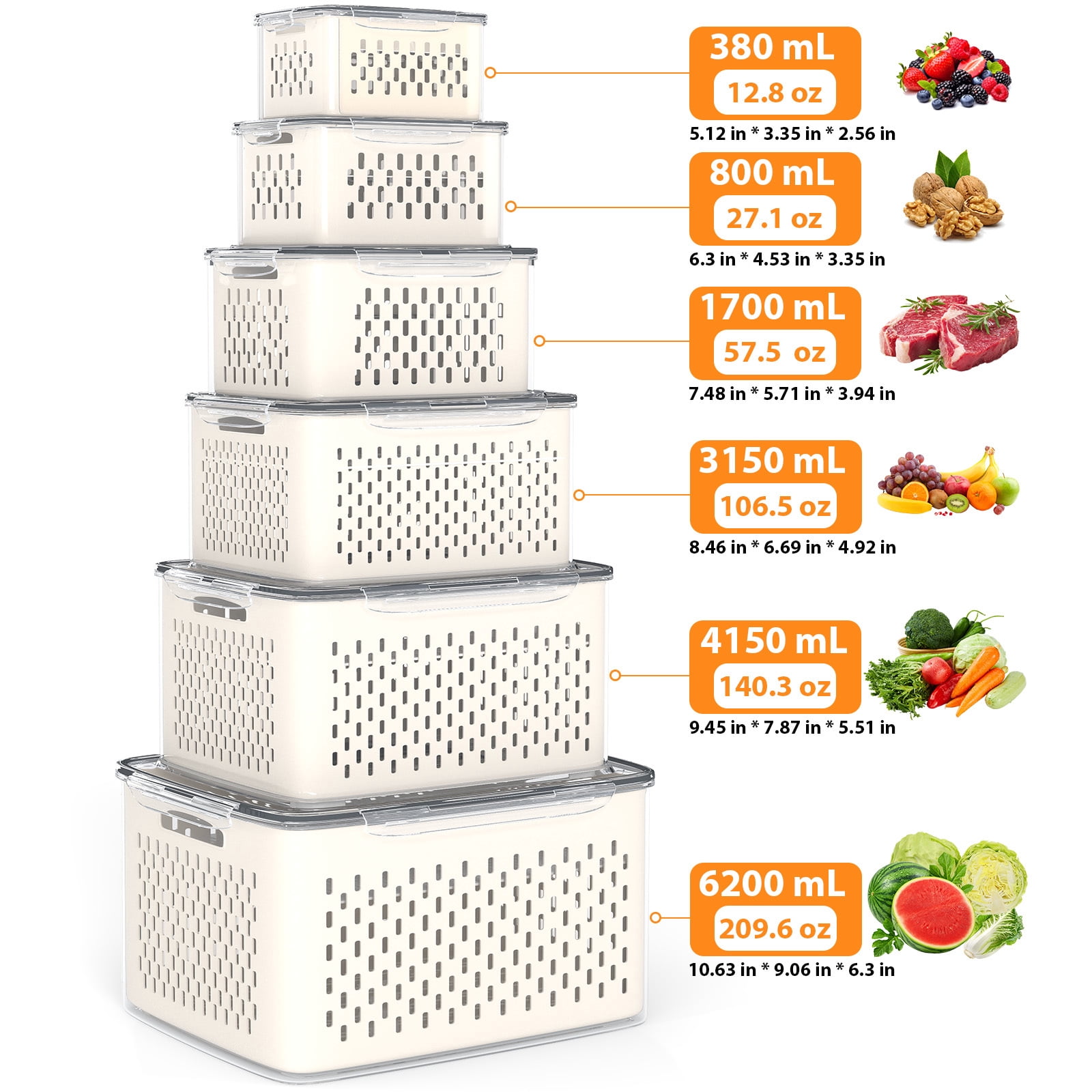 Fenbeli Fruit Vegetable Storage Containers for Fridge, 6 Pack Produce Saver with Lids and Removable Colander, BPA-Free Airtight Fresh Keeper with Adjustable Vent & Divider, Refrigerator Organizer Set