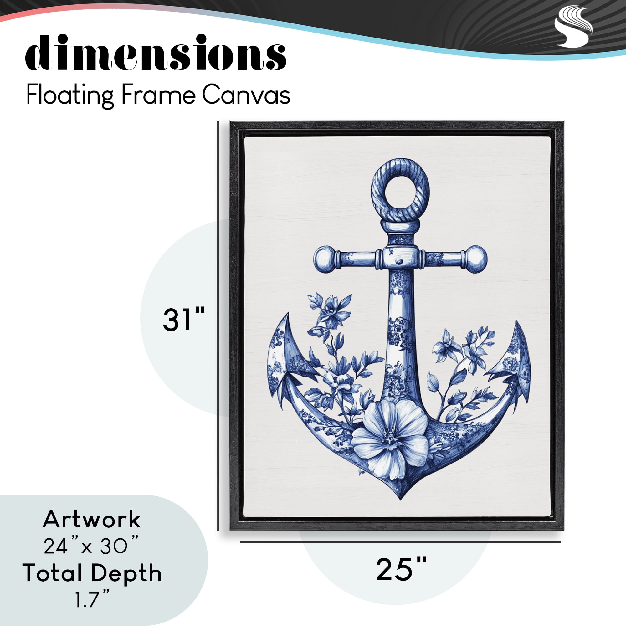 Toile Patterned Anchor Black Framed Floater Canvas Wall Art, design by Lettered and Lined