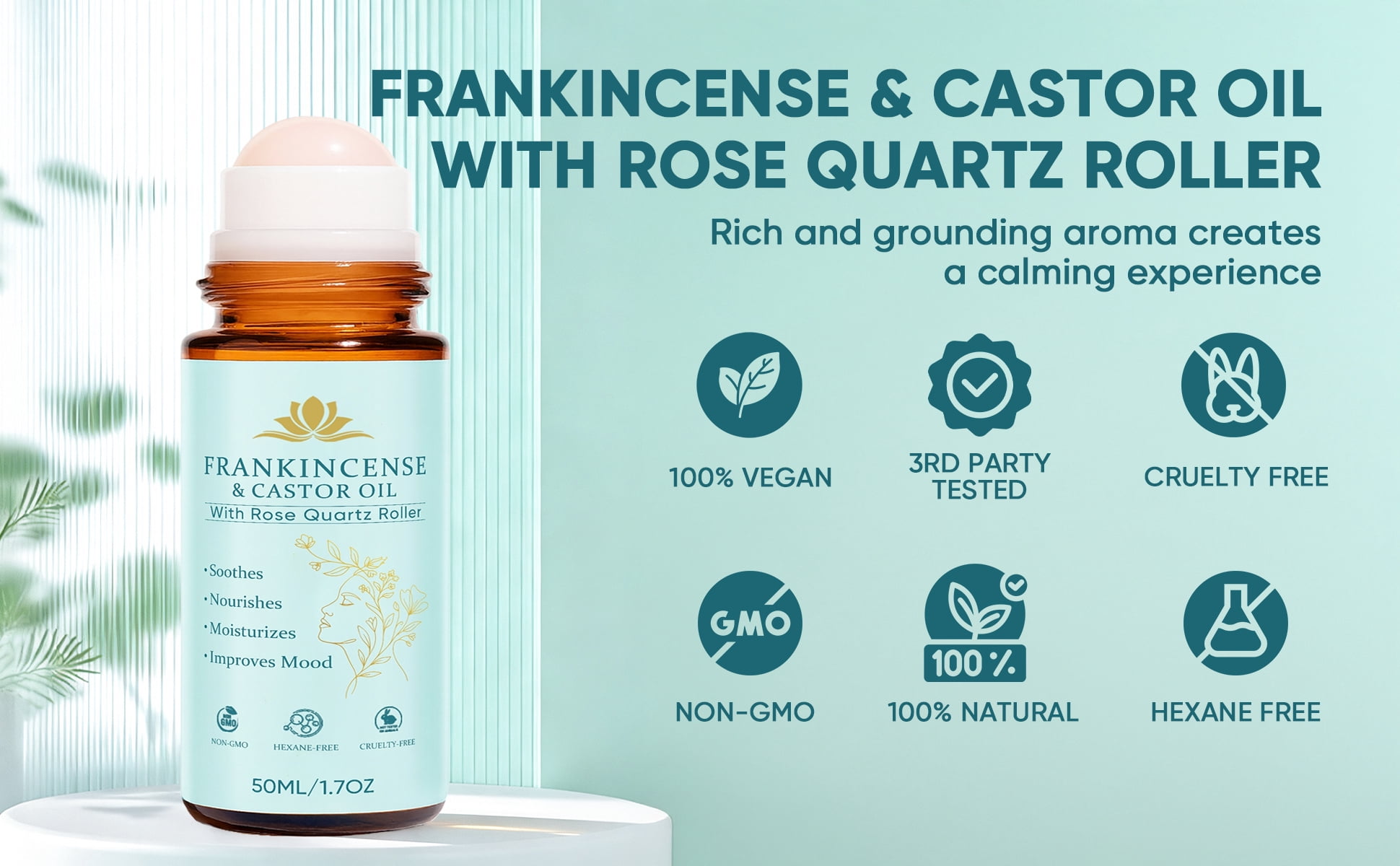 Frankincense and Castor Oil, Castor Oil Roll On with Rose Quartz, 100% Pure, Organic, Cold-Pressed, Firms Skin, Reduces Fine Lines & Hormone Balance, Suitable for Face, Neck, Abdomen.(1 Set)