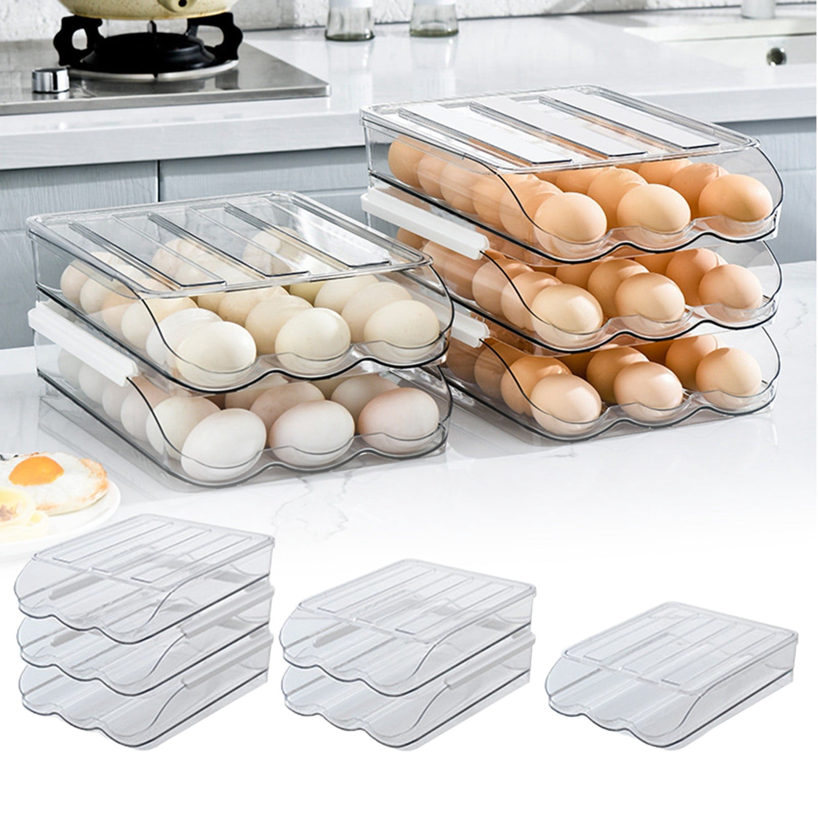 XKHBDL Egg Holder for Fridge, Automatic Rolling Egg Container for Refrigerator, Stackable Fridge Organizers and Storage with Lid, Clear Plastic Egg Dispenser & Tray
