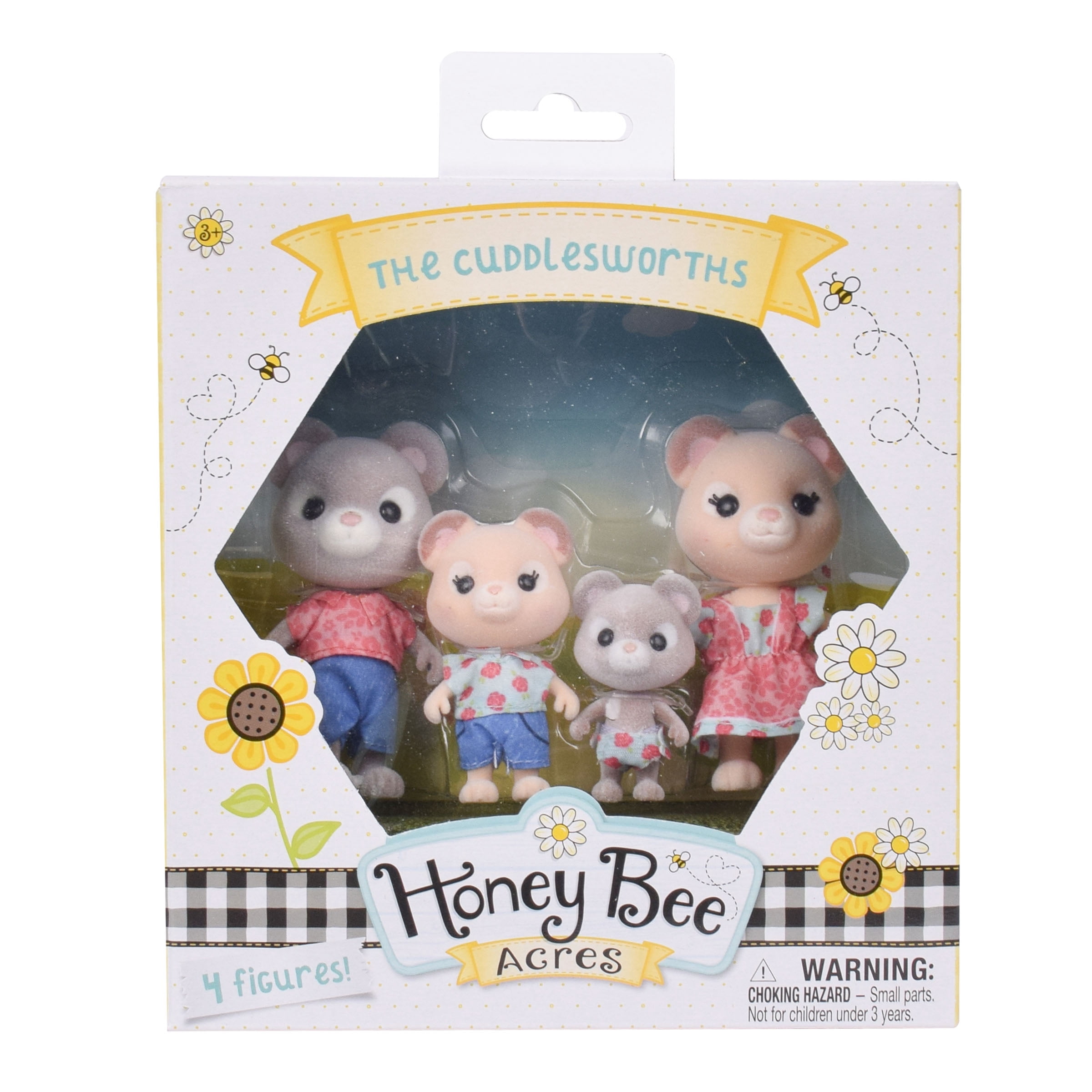 Honey Bee Acres Cuddlesworths Bear Family – Includes 4 Miniature Flocked Animal Figures with Removable Outfits – Dolls for Kids Ages 3+