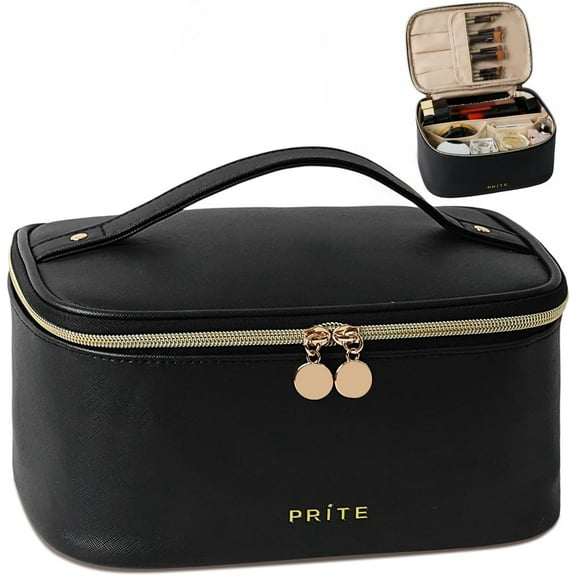 Prite Makeup Bag, Large Capacity Portable Travel Cosmetic Bag, Waterproof Makeup Organizer for Women with Handle and Divider(Black)