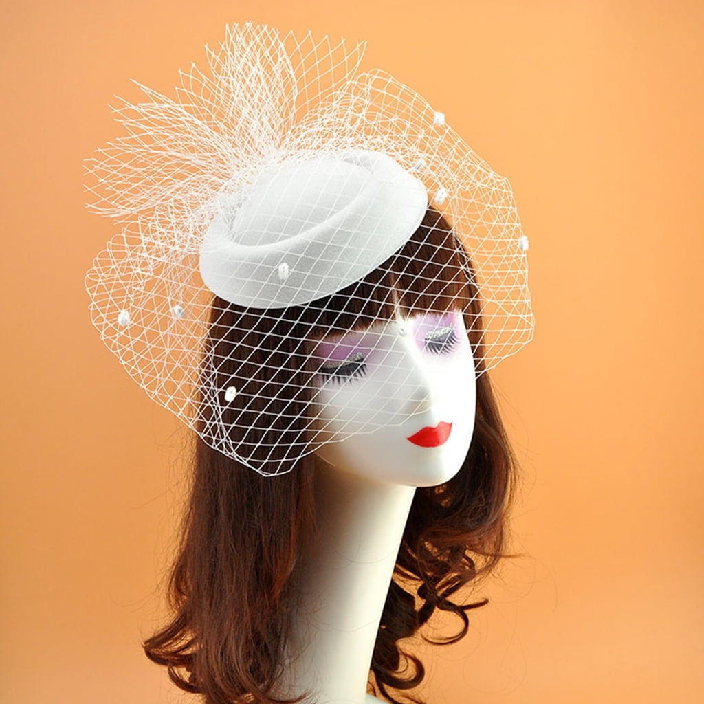 NETTED MINI-HAT FASCINATOR WITH VEIL AND PEARL DETAIL CLIP FASTENING 
