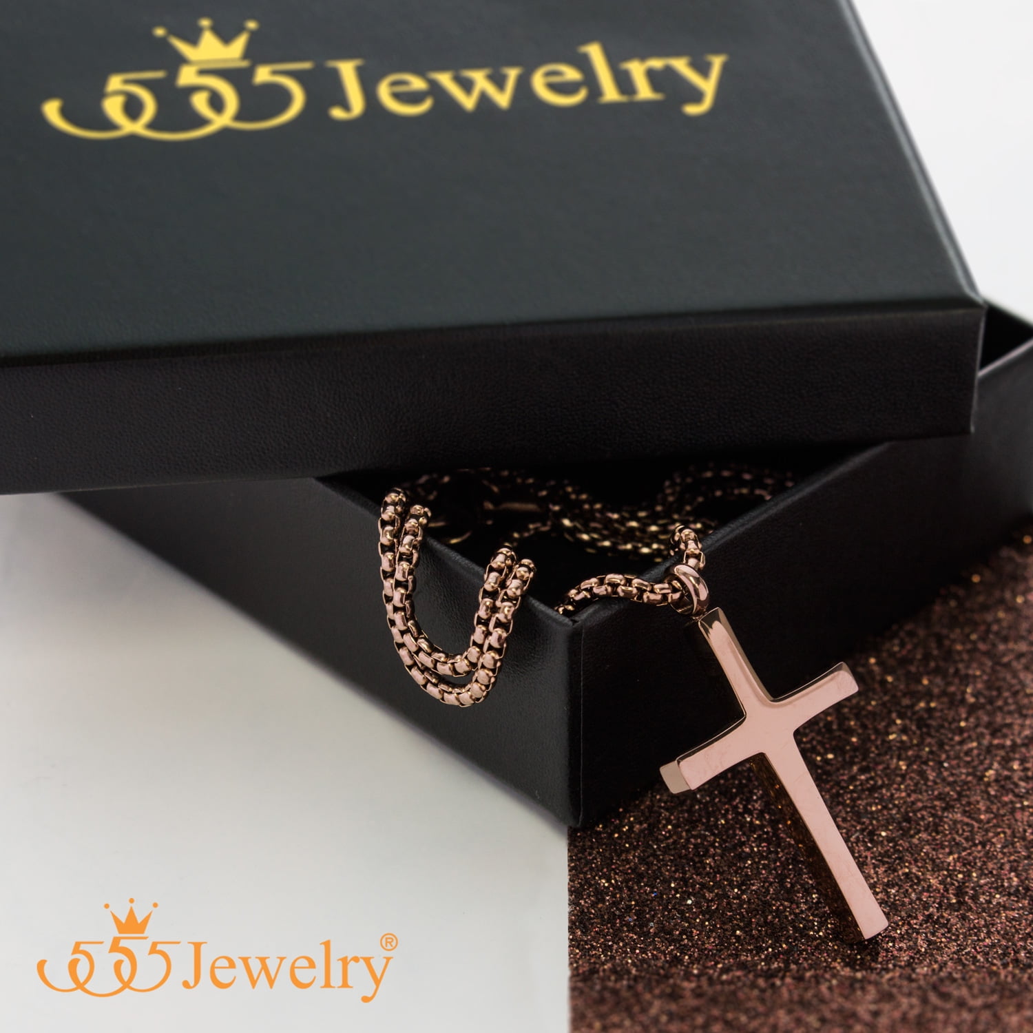 555Jewelery Stainless Steel Metal Cross Unisex Adjustable Rolo Chain Religious Christian Pendant Necklace, Brown Coffee 18 inch