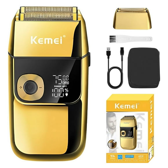 Afeitadora Eléctrica Kemei 2028 Oro – Profesional, USB Recargable, LED, Doble Hoja de Titanio, Estuche de Viaje