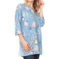 thumbnail image 4 of Sakkas Sasa Women's Casual Summer Cotton 3/4 Sleeve Print Loose Tunic Top Blouse - Light Blue - S/M, 4 of 5