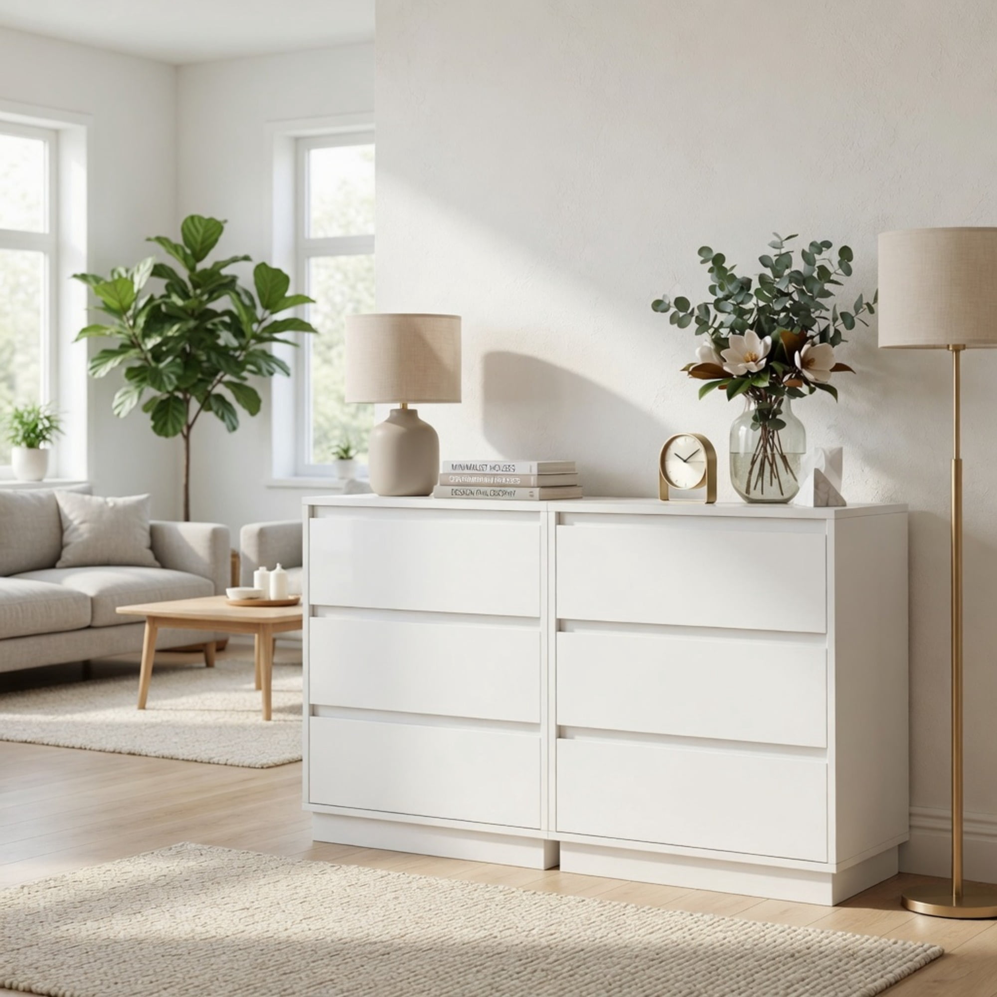 Set of 2, 23.6 Wide White Large Morden Wood Nightstand with 3 Drawers