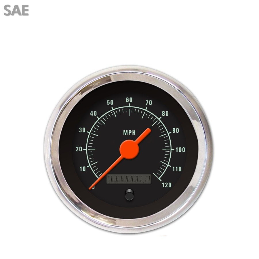 Speedometer Gauge SAE Muscle Black , Orange Vintage Needles, Chrome