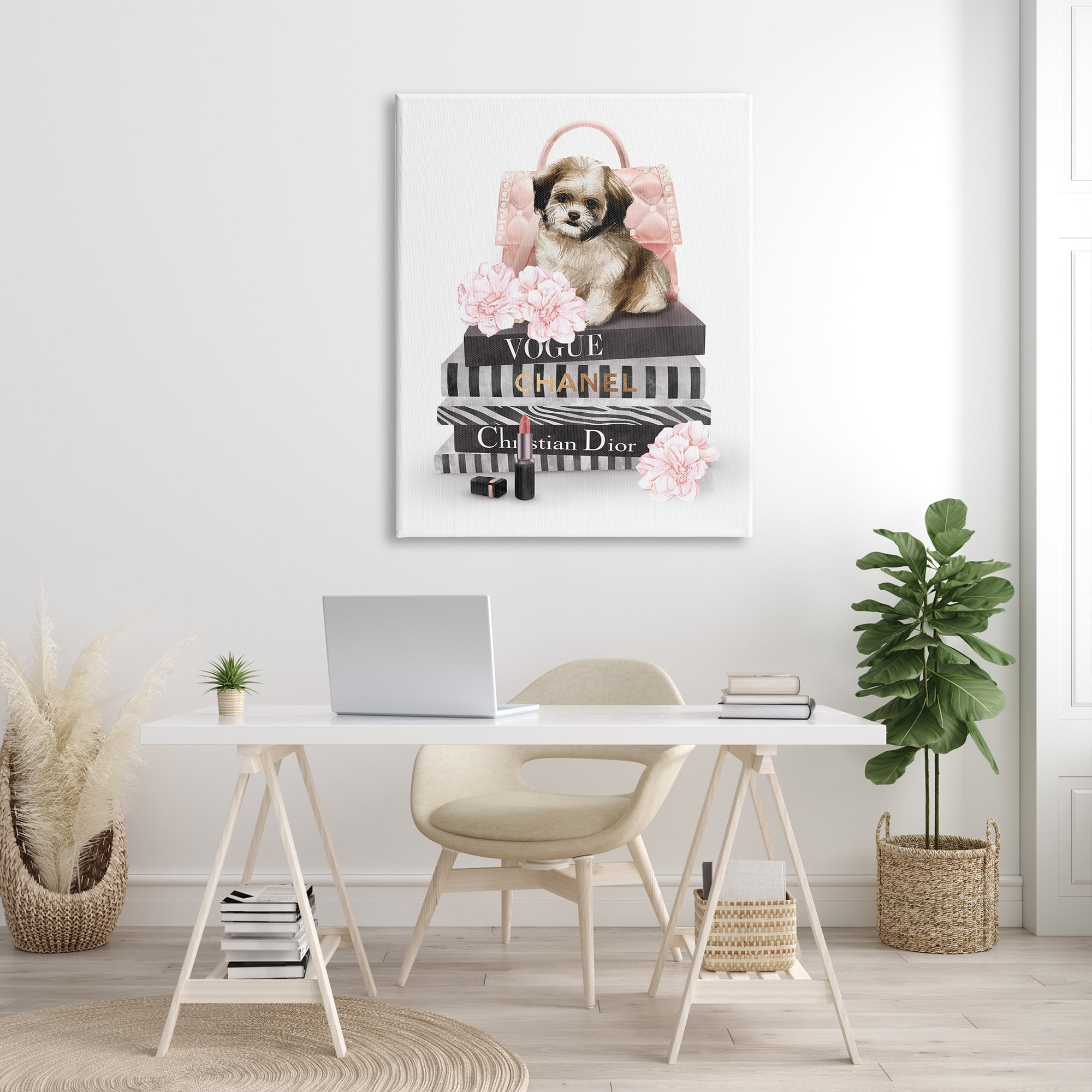Stupell Industries Fluffy Puppy on Fashion Books Pink Florals Beauty & Fashion Painting Gallery Wrapped Canvas Print Wall Art, 36 x 48