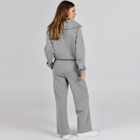 Fgvctg Sweat Set for Women 2 Piece Tracksuit Set Half Zip Sweatshirts Fleece Wide Leg Sweatpant Winter Fashion Jogger Lounge Sweatsuits with Pockets Dark Gray 2XL