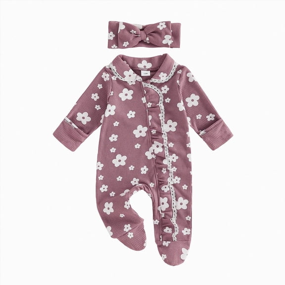 NOLDARES Floral Romper,Vintage Infant Jumpsuit,Bow Headband,Baby Girl Clothes Newborn Fall/Winter,A1112-Purple