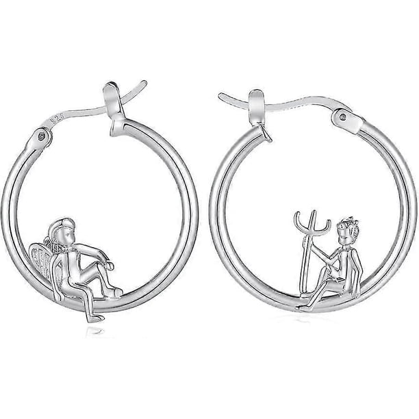 14k Gold Angel Devil Hoop Mismatched Earrings For Women Girls Jewelry Gifts 925 Sterling Silver Post