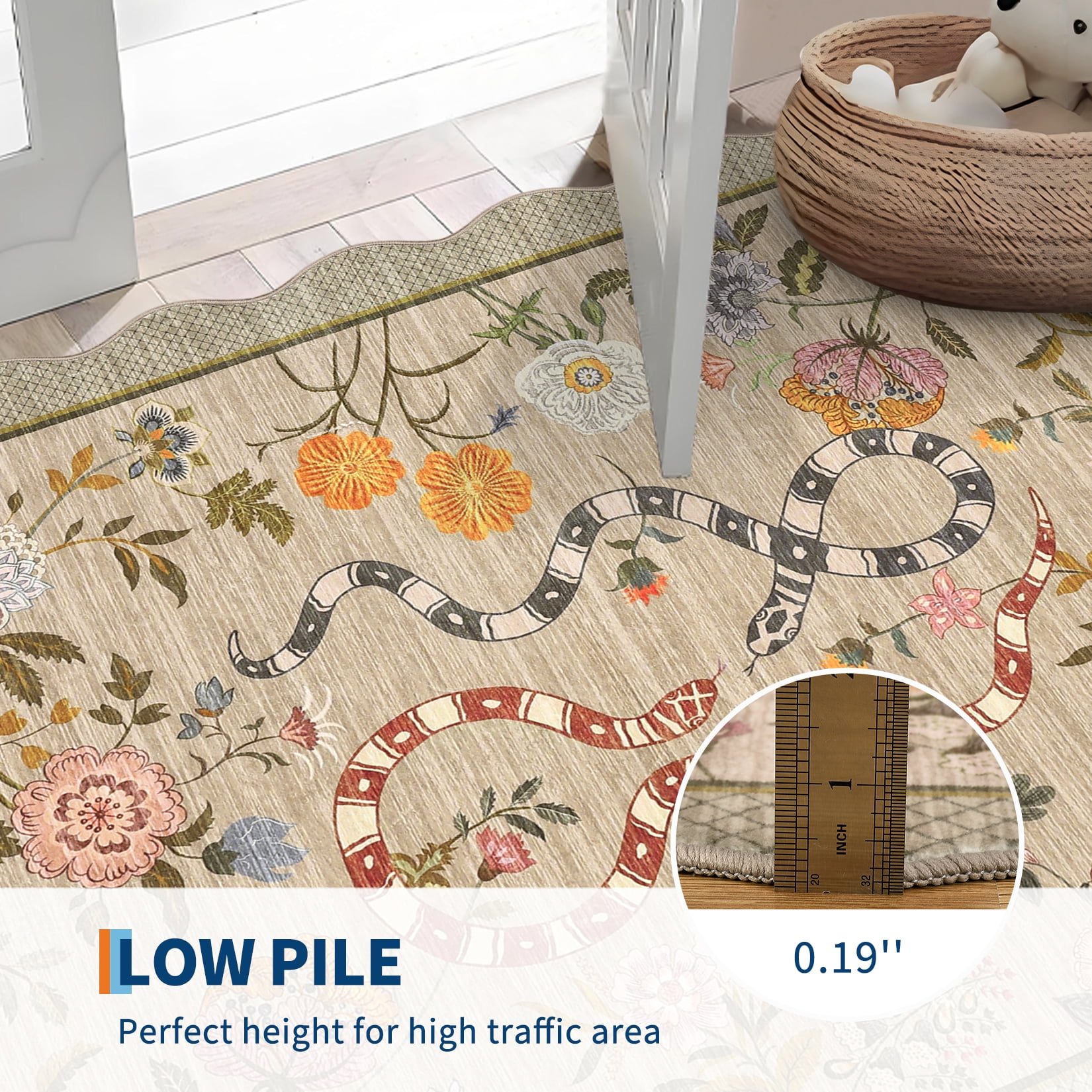 HOMERRY Area Rug 5' x 7' Rugs for Living Room Modern Washable Indoor Scalloped Snake Animal Floral Print Carpet, Brown