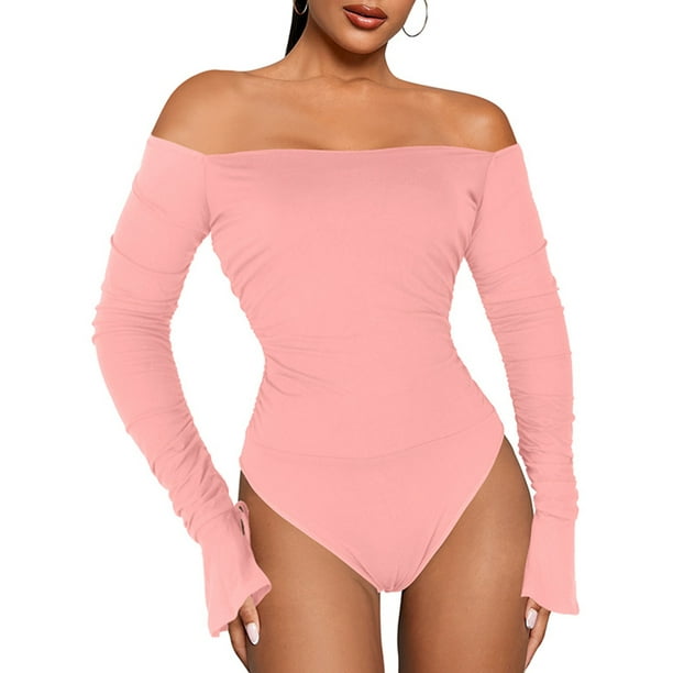 Avamo Ladies Romper Long Sleeve Bodysuit Off Shoulder Jumpsuit Sexy  Bodysuits Holiday Playsuit Pink 2XL 