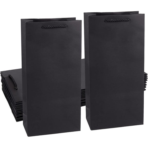 10pcs 13.7x6.6x3.5" Wine Gift Bag Black Kraft Paper Bag Reusable Double Bottle Carry Bag with Handles for Birthday Wedding Christmas Dinner Party