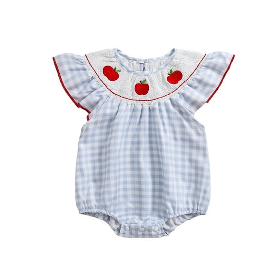 Okbabeha Newborn Baby Girl Infant Plaid Bubble Romper Apple Embroidery Ruffled Jumpsuits Clothes