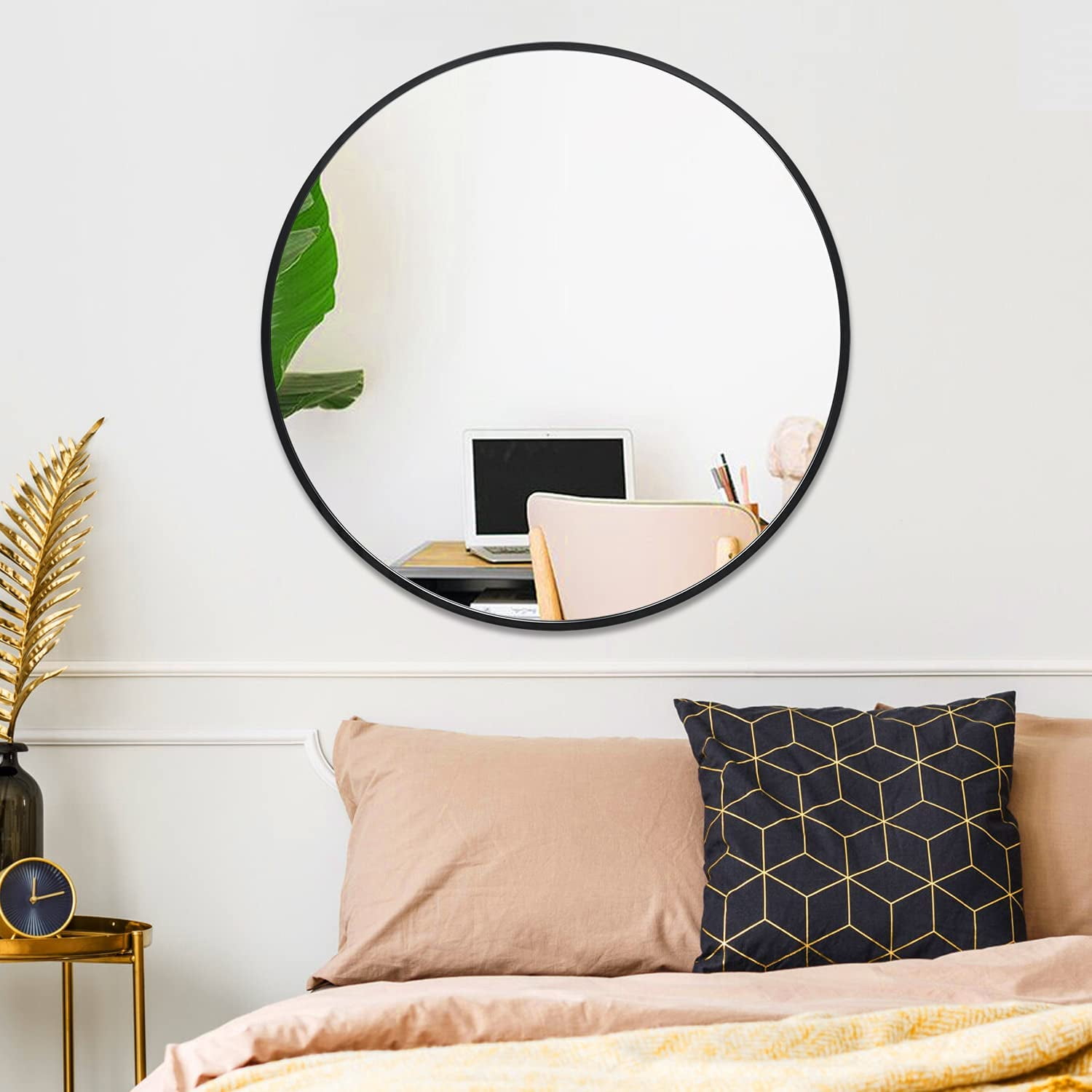 Elevens 28" Black Circle Round Mirror Aluminum Alloy Frame Modern Wall
