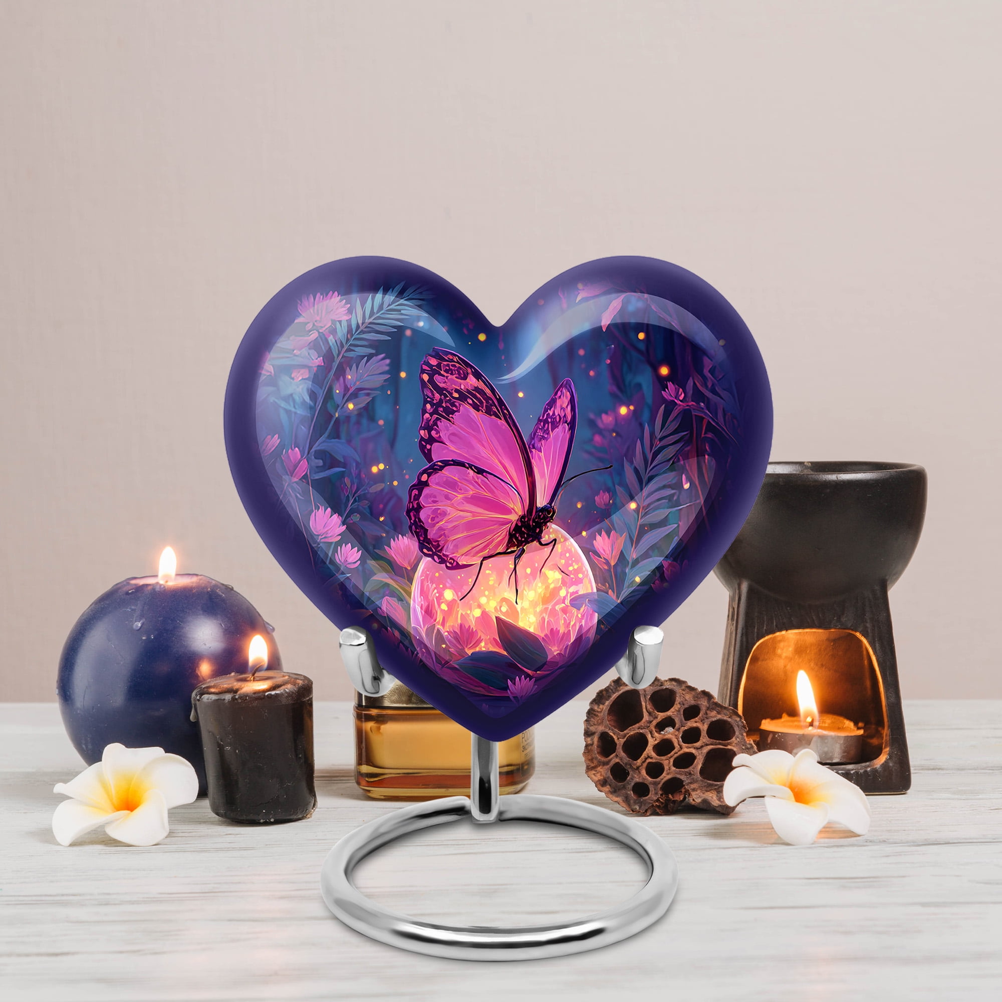 MUKTIVE Purple Butterfly Keepsake Heart Urn for Ashes for Men & Women, Purple Flower Cremation Urns for Human Ashes, Handcrafted Gift for Loss of Family, 3 Inch Small Blue Cremains Ash Holder