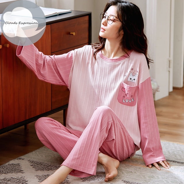 QWZNDZGR Winter Sleepwear Couple Cotton Pajama Sets Round Neck