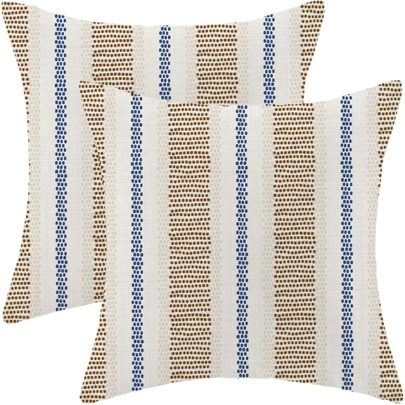 Brown Navy Blue Outdoor Pillow Covers 18 x 18 Inch, Beige Polka Dots Stripe Decor Throw Pillows for Couch Bed, Boho Modern Farmhouse Decorative Pillowcase Linen Cushion Cover Set of 2