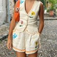 thumbnail image 5 of -Conjunto de chaleco y pantalón corto con bordado de flores para mujer, traje sin mangas con cuello de pico y botones, moda de verano, 2024, 5 of 5