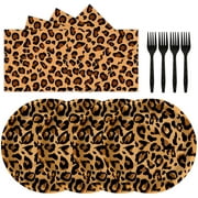 72PCS Leopard Birthday Tableware - Plates/Napkins + Cake Plates/Forks, Disposable Supplies for Birthday/Baby Shower/Jungle Party
