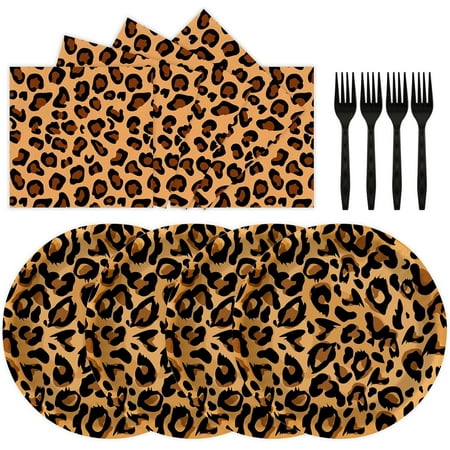 72PCS Leopard Birthday Tableware - Plates/Napkins + Cake Plates/Forks, Disposable Supplies for Birthday/Baby Shower/Jungle Party