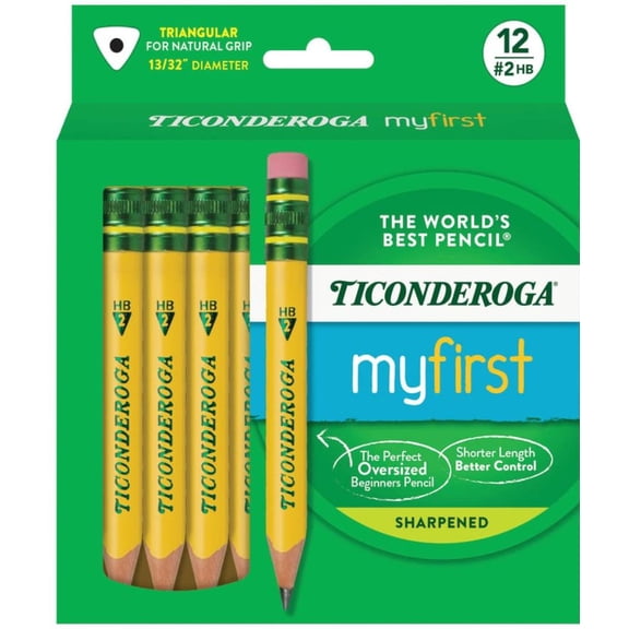 Ticonderoga X33012 My First Half-Size Wooden Pencils, Large Triangle-Barrel Pre-Sharpened #2 (HB) Short 4.5" Yellow Pencils with Erasers, Yellow, 12 Pack