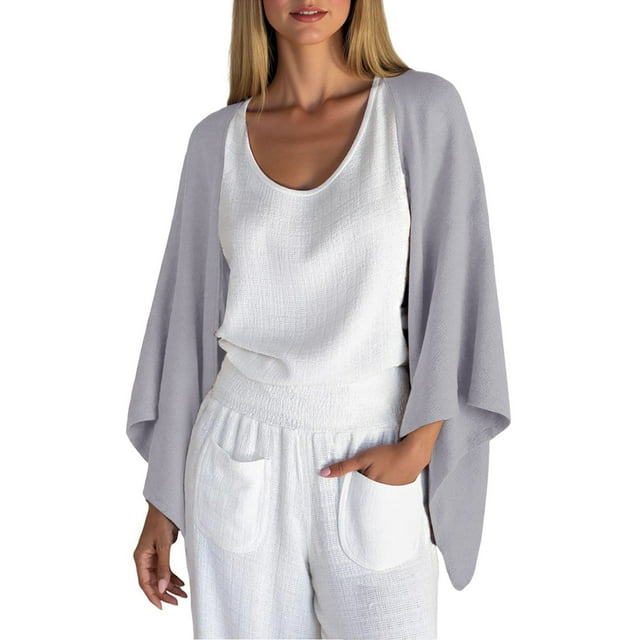 KIHOUT Women's Fashion Cardigan Shrug 3/4 Sleeve Open Front Solid Color Loose Lightweight Cover Ups