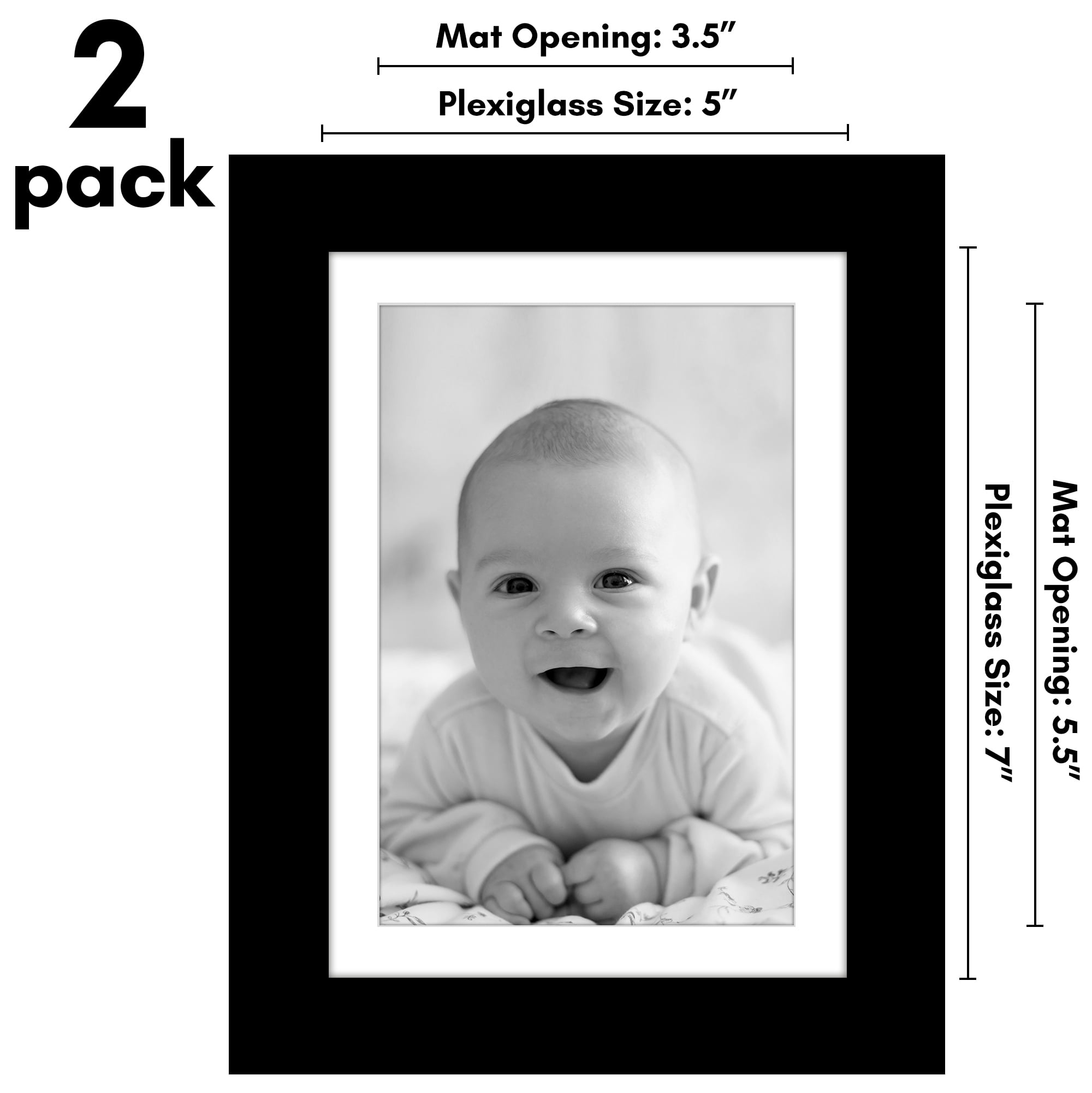 Americanflat 5x7 Picture Frame with Polished Plexiglass with 4x6 Mat 2 Pack Display Photo Galleria - Black