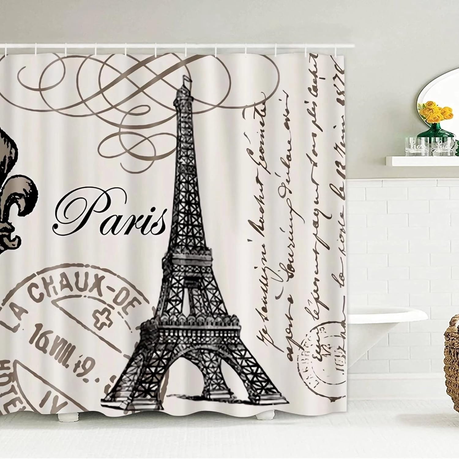 Pcs Paris Eiffel Tower Shower Curtain Sets Bathroom Set Decor with Non-Slip Rugs Bath U-Shaped Mat Toilet Lid Cover Waterproof Vintage Word Art Bathroom Curtains Shower Set with 12 Hooks