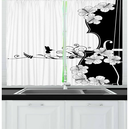- Art Nouveau Curtains 2 Panels Set, Flower Musical Composition with Bird Scrolled Lily Petals Nature Growth, Window Drapes for Living Room Bedroom, 55W X 39L Inches, Black and White, by Ambesonne