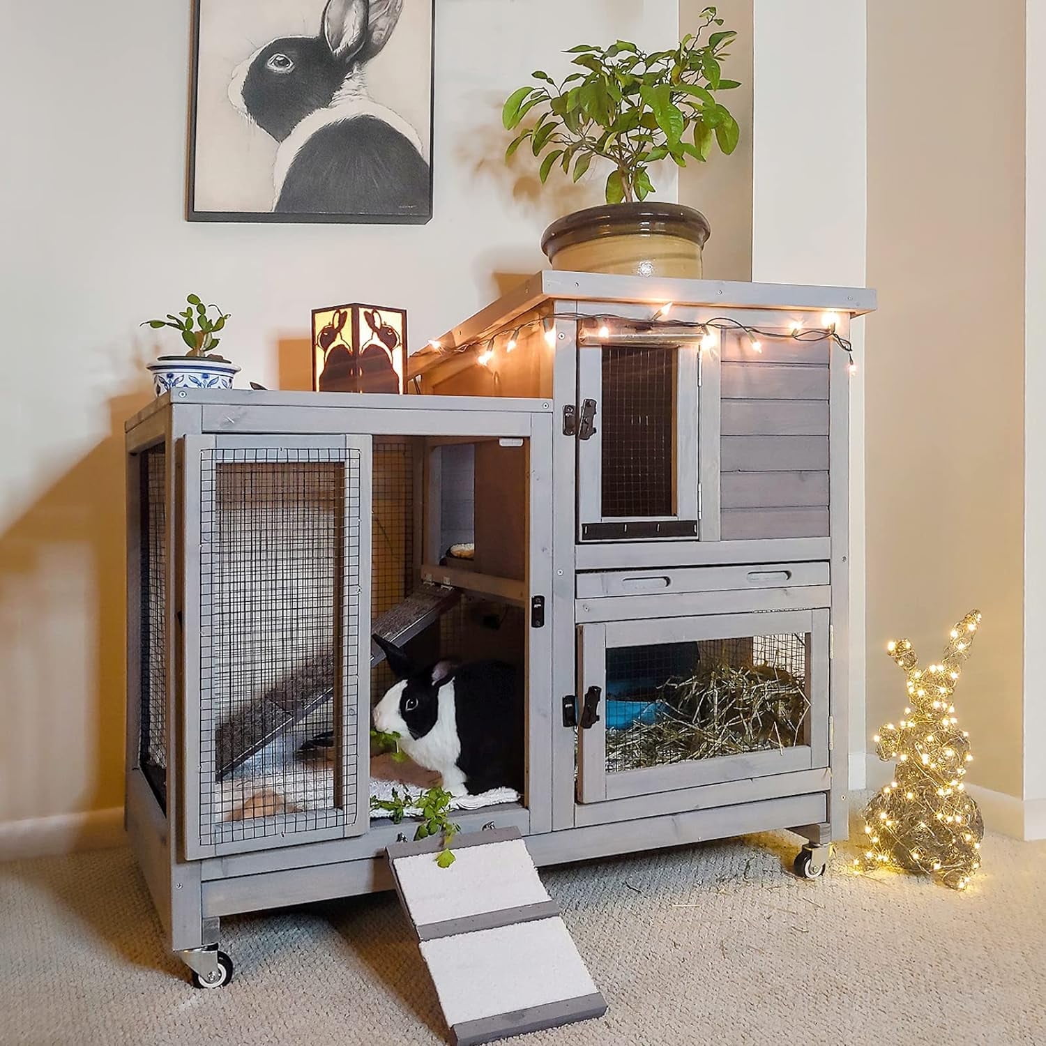 GDLF Large 2 Layer Wooden Hutch with Tray Bunny Habitat and 58 Rabbit Cage on Wheels Walmart