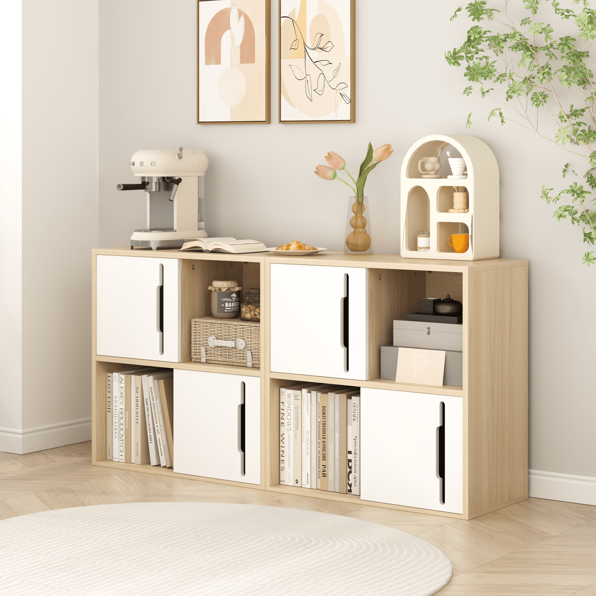 Yoneston Wooden Cube Storage Organizer with Doors, 2-Tier Open and Closed Shelves Bookshelf Cabinet for Living Room, Bedroom, Kids'Room, White